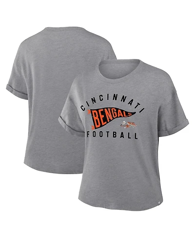 Fanatics Women's Heather Gray Cincinnati Bengals Pennant Wave Tribute Tri-Blend Boxy T-Shirt