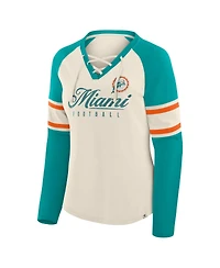 Fanatics Women's Cream/Aqua Miami Dolphins Hometown Gridiron Hero Raglan Lace-Up V-Neck Long Sleeve T-Shirt