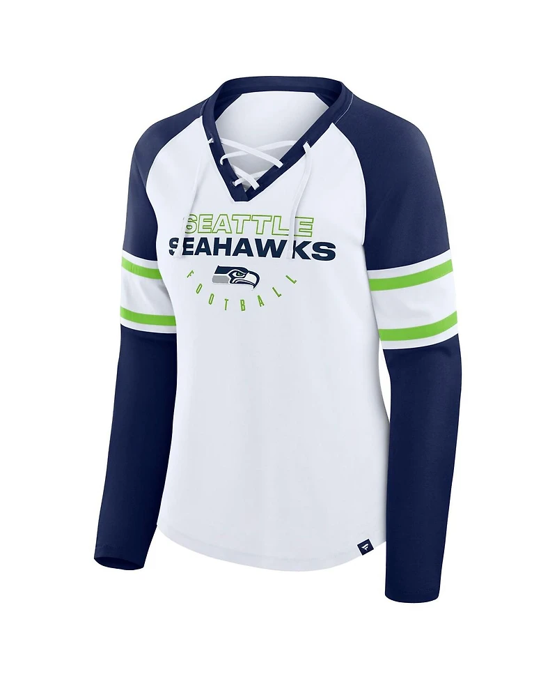 Fanatics Women's White/College Navy Seattle Seahawks Redzone Blitz Package Raglan Lace-Up V-Neck Long Sleeve T-Shirt