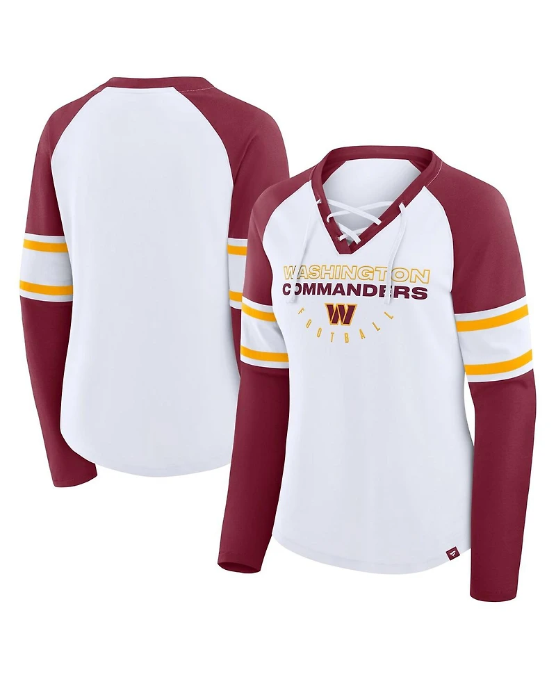 Fanatics Women's White/Burgundy Washington Commanders Redzone Blitz Package Raglan Lace-Up V-Neck Long Sleeve T-Shirt