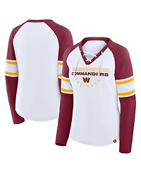 Fanatics Women's White/Burgundy Washington Commanders Redzone Blitz Package Raglan Lace-Up V-Neck Long Sleeve T-Shirt