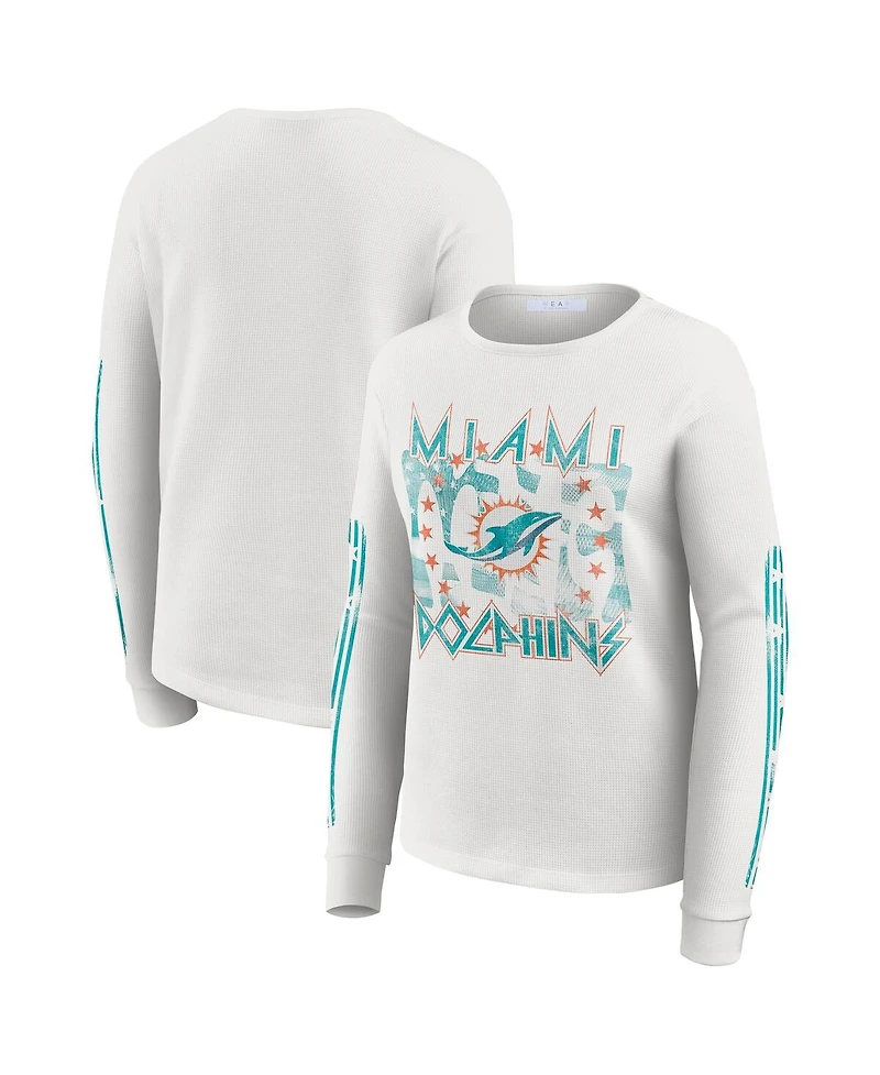 Wear by Erin Andrews Women's White Miami Dolphins Graphic Waffle Long-Sleeve T-Shirt