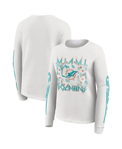 Wear by Erin Andrews Women's White Miami Dolphins Graphic Waffle Long-Sleeve T-Shirt
