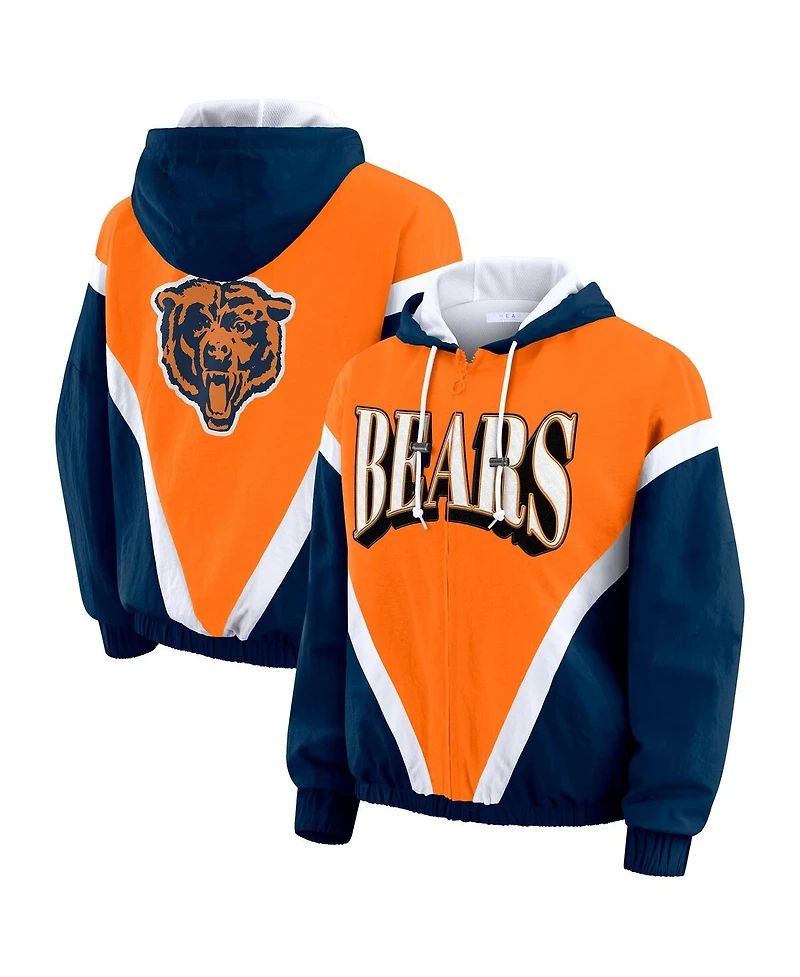 Wear by Erin Andrews Women's Orange/Navy Chicago Bears Retro Crinkle Full-Zip Hoodie Windbreaker