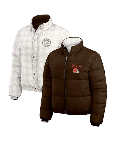 Wear by Erin Andrews Women's Brown/White Cleveland Browns Reversible Cropped Full-Zip Puffer Jacket