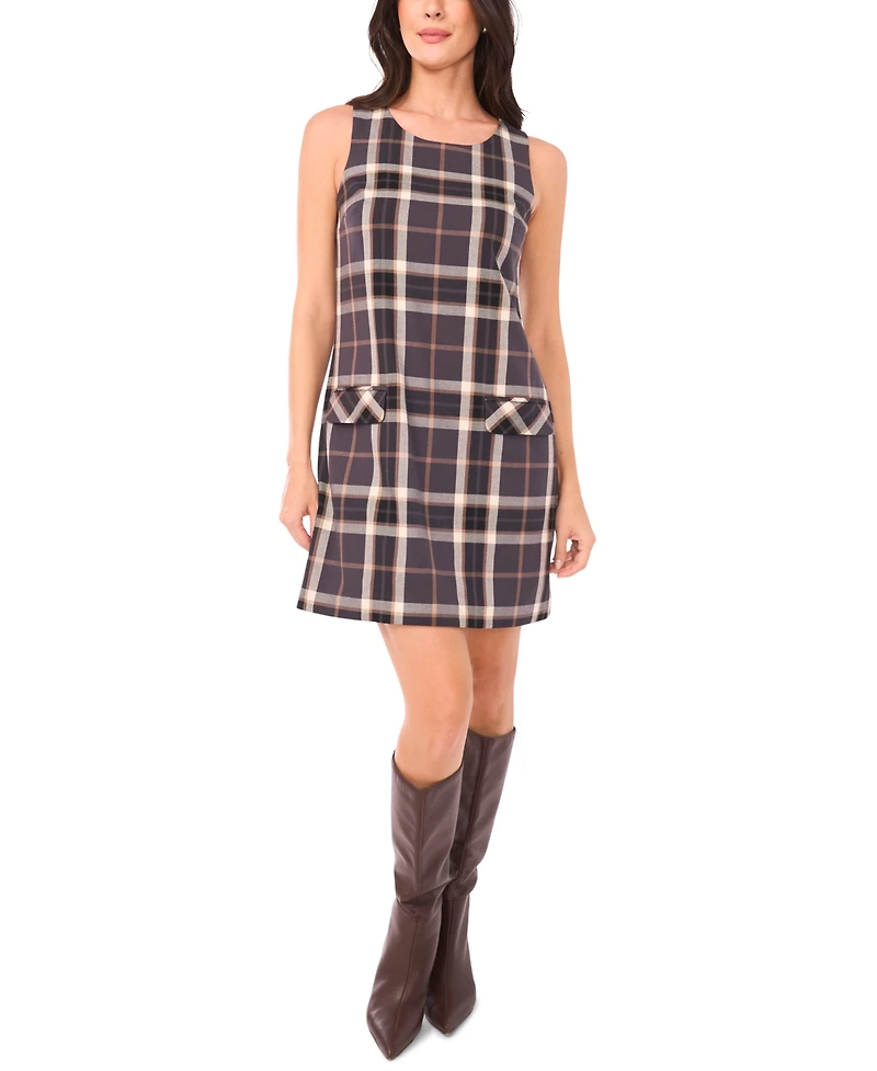1.state Women's Plaid Print Sleeveless Scoop Neck Mini Shift Dress