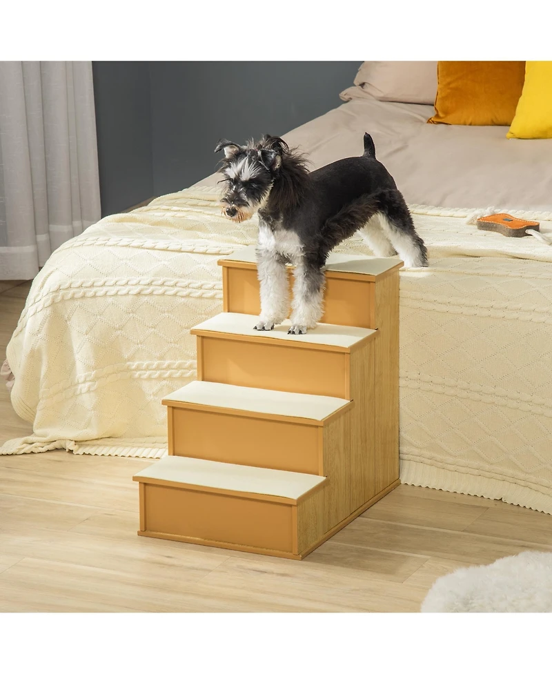 PawHut 4-Step Wooden Pet Stair Pet Steps with Soft Short Plush Cushion