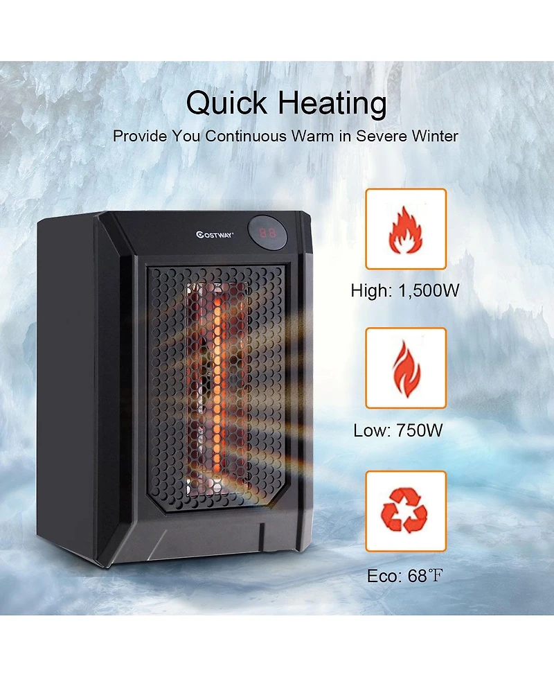1500W Portable Electric Space Heater with 2H Timer Led Remote Control Room Office