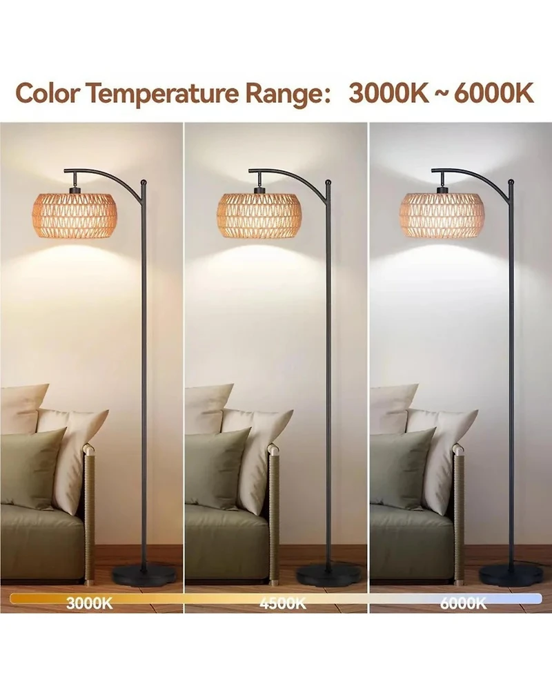 Sugift Dimmable Boho Floor Lamp with Rattan & Linen Drum Shade – Remote & Footswitch Control