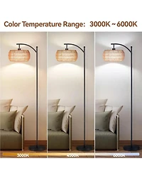 Sugift Dimmable Boho Floor Lamp with Rattan & Linen Drum Shade – Remote & Footswitch Control