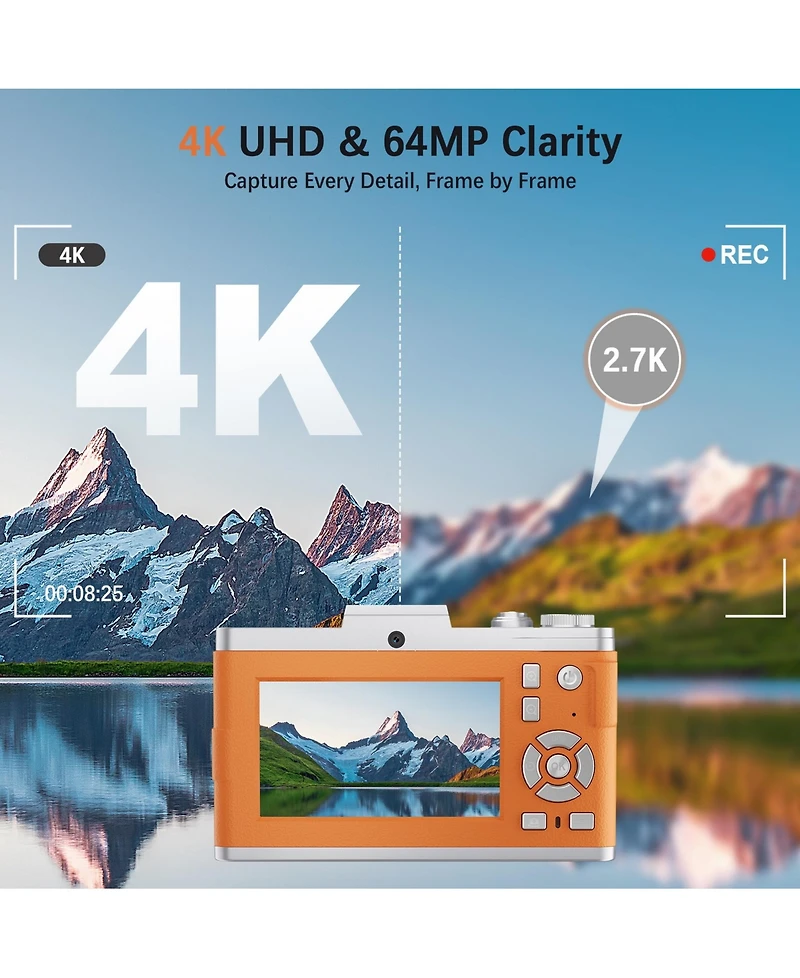 Sugift Digital Camera with 64MP Autofocus, 3.0 Inch Flip Screen, 16X Zoom, Dual Lens Vlogging Camera with Filters, Timer and 32GB Card Included