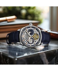 Stuhrling Vanguard 1019.02 Legacy Collection Dual Time Automatic Skeleton Watch 42mm Stainless Steel Blue Dial Leather Strap