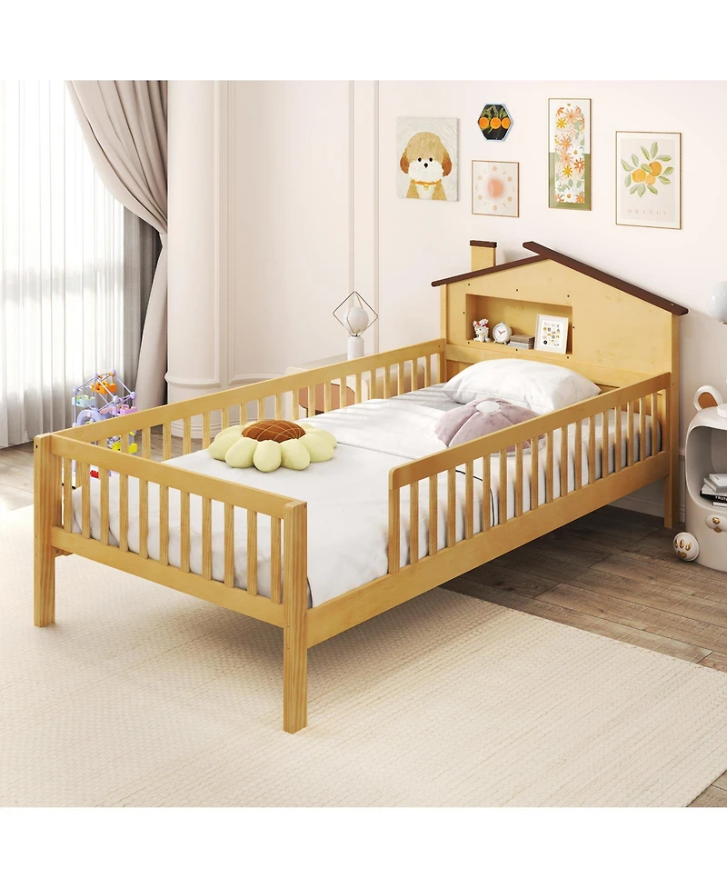 Gymax Twin Kids Bed Solid Wood Platform w/ Under-bed Storage & Cube