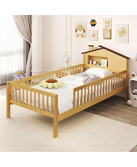 Gymax Twin Kids Bed Solid Wood Platform w/ Under-bed Storage & Cube