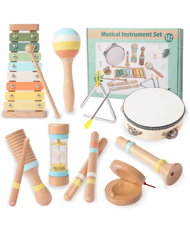9-Piece Wooden Musical Instruments Set for Toddlers, Montessori Toys for Kids