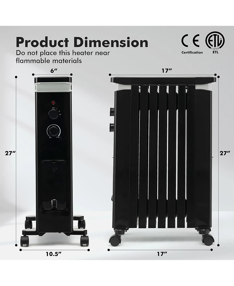 1500W Oil Filled Radiator Heater Electric Space Heater