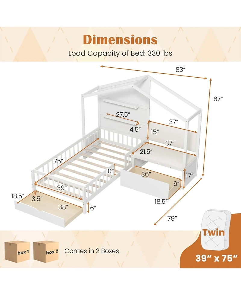 Gymax Twin Size House Bed Kids Platform Bed w/ Padded Bench & Floating Shelves