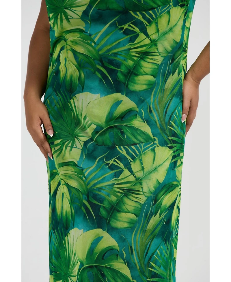 Fashion-szn Curve Women's Palm Print Gold Trim Maxi Dress