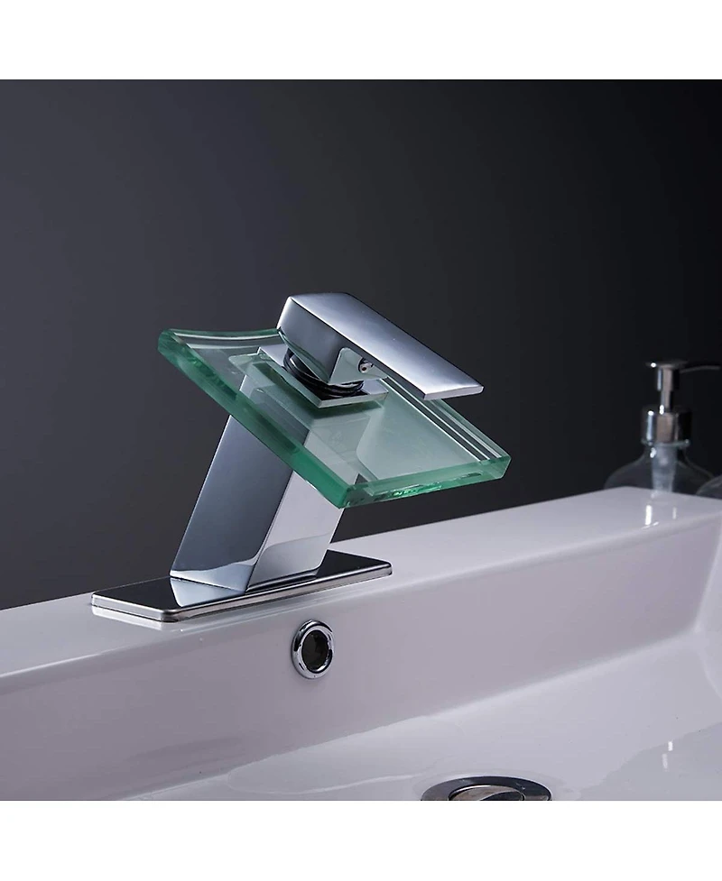 Greenspring Glass Spout Waterfall Single Hole Single Handle Bathroom Sink Faucet With Pop Up Drain With Overflow