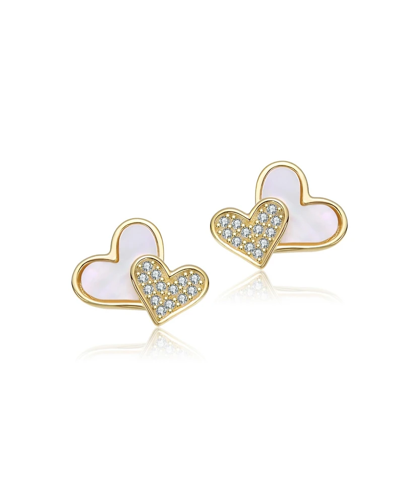 GiGiGirl Sterling Silver 14K Gold Plated with White Mother of Pearl & Cz Stones Accents Heart Stud Earrings