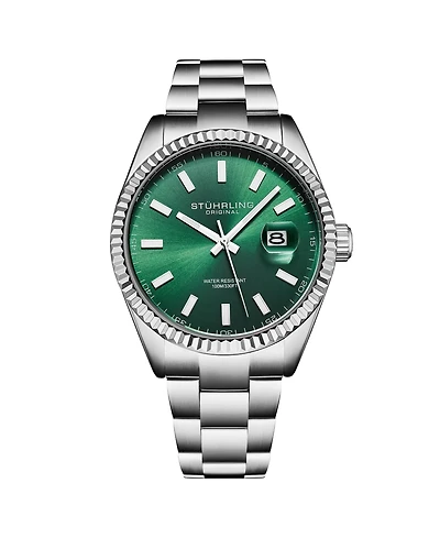 Stuhrling Vanguard 4069 Men's Quartz Watch – 42mm, Green Dial, Stainless Steel Bracelet, Fluted Bezel, Date, 100M Water Resistant
