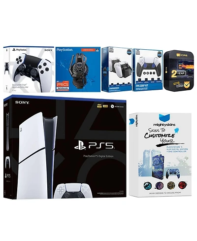 Sony Playstation 5 Slim Digital with Extra Edge Controller, Plantronics Headset, Fps Grip Kit, Charge Dock and MightySkins Decal Voucher + 2 Year Cps