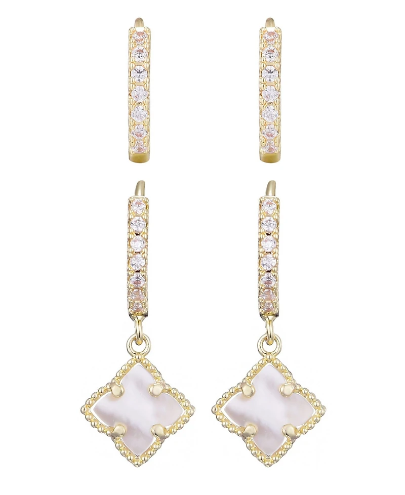 Adornia Gold Cubic Zirconia Mother of Pearl Clover Huggie Set