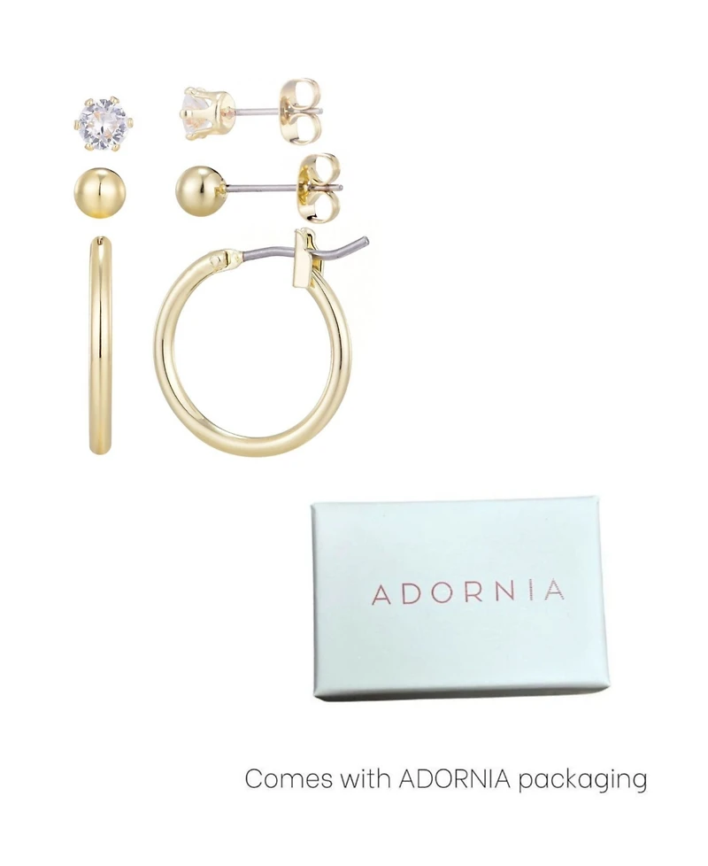 Adornia Gold Hoop, Solitaire and Ball Stud Set