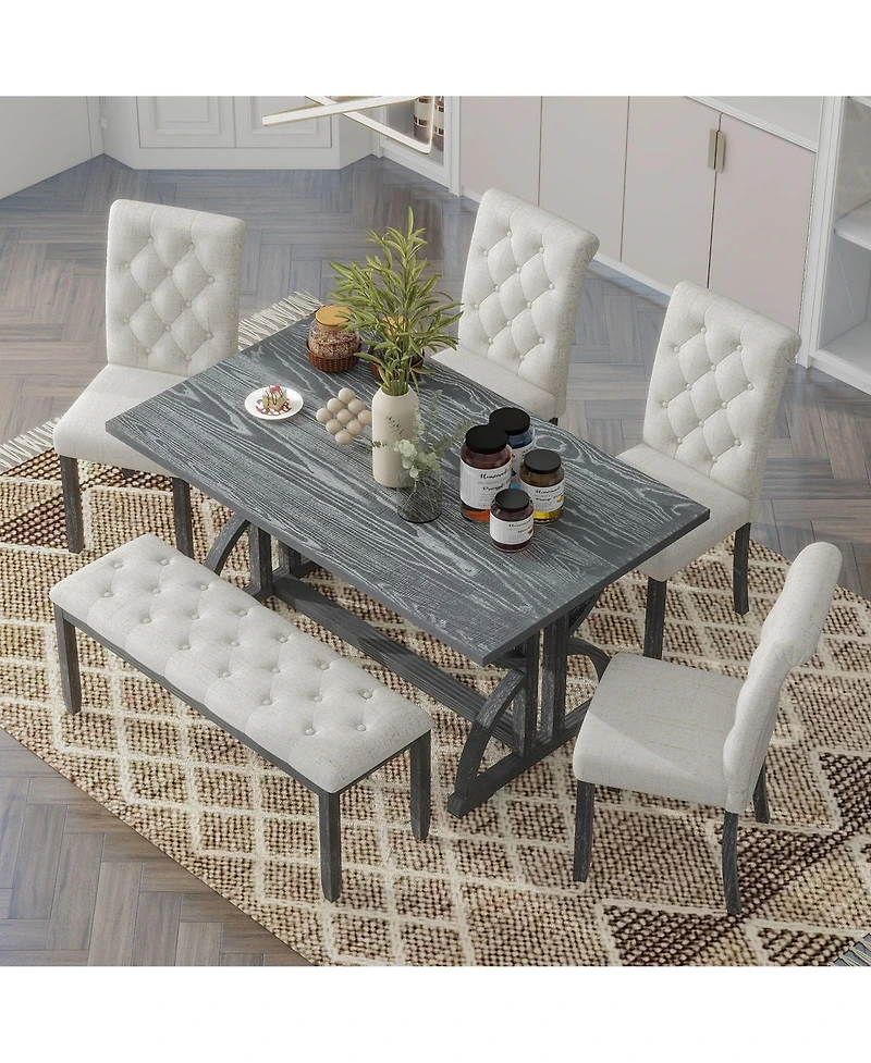 Casainc 6 Piece Rectangular Dining Table Set with 4 Upholstered Chairs and Bench