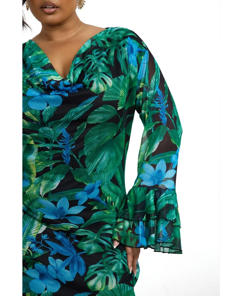 Fashion-szn Curve Ruffle Cowl Neck Palm Print Maxi Dress