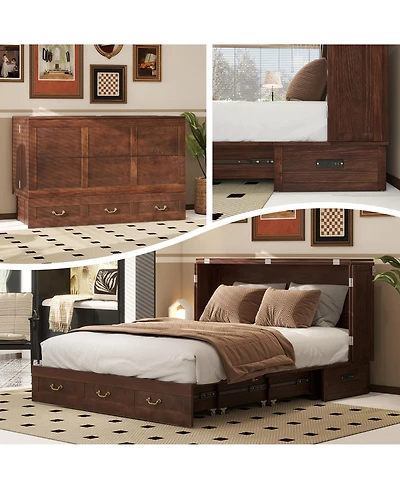 Livelylodge Solid Wood Queen Murphy Bed Cabinet,Usb Port & Large Drawer for Home/Guest Room(No Mattress)