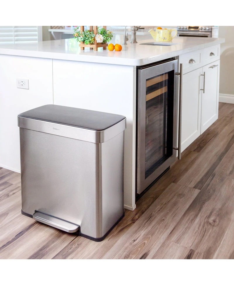 Qualiazero 60L / 16 Gal (30L/8 Gal Split) Rectangular Recycle Step Can - Stainless Steel with Black Plastic Lid