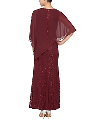 Sl Fashions Petite Round-Neck Sequin Lace Cape Dress
