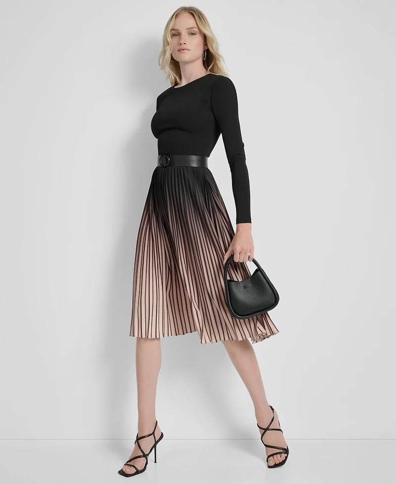 Dkny Ombre Sunburst Pleat-skirt Long-sleeve Midi Dress