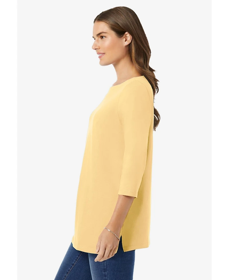 Woman Within Plus Perfect Three-Quarter Sleeve Boatneck Tee