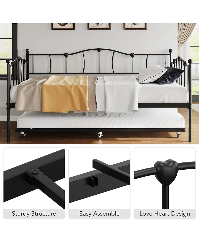 Gaomon Metal Daybed with Trundle Bed, Twin Size Day Bed with Premium Metal Frame and Steel Slat Support, Daybed and Roll Out Trundle,Black