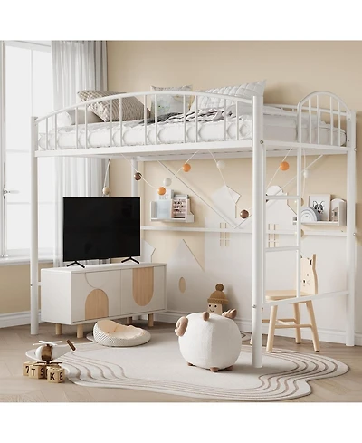 gaomon Loft Bed Twin Size, Heavy Duty Metal Loft Bed Frame with Arched Guardrail and Safety Ladder, Space-Saving, No Box Spring Needed, White