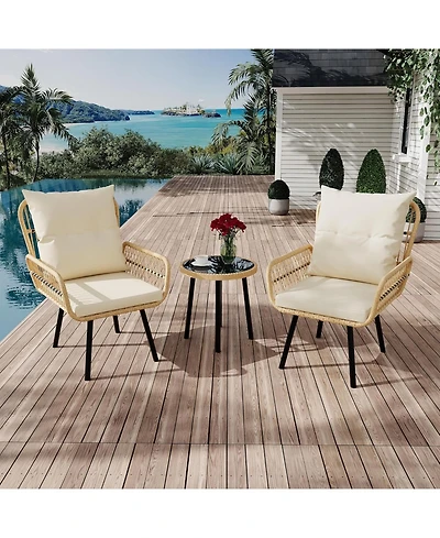gaomon 3 Piece Patio Bistro Set, Outdoor Wicker Conversation Set with Round Glass Top Coffee Table and Cushioned Chair, All-Weather Rattan Patio Furni