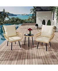 gaomon 3 Piece Patio Bistro Set, Outdoor Wicker Conversation Set with Round Glass Top Coffee Table and Cushioned Chair, All-Weather Rattan Patio Furni