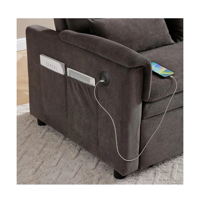 Maison Boucle 55" Velvet Loveseat Sofa Bed with Usb Ports, Adjustable Backrest & Pull-Out Sleeper Storage Pockets Pillows-Maison