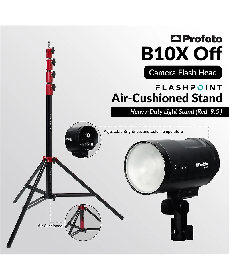 Profoto B10X Off Camera Flash Head Bundle with Flashpoint Pro Air-Cushioned Heavy-Duty Light Stand (Red, 9.5