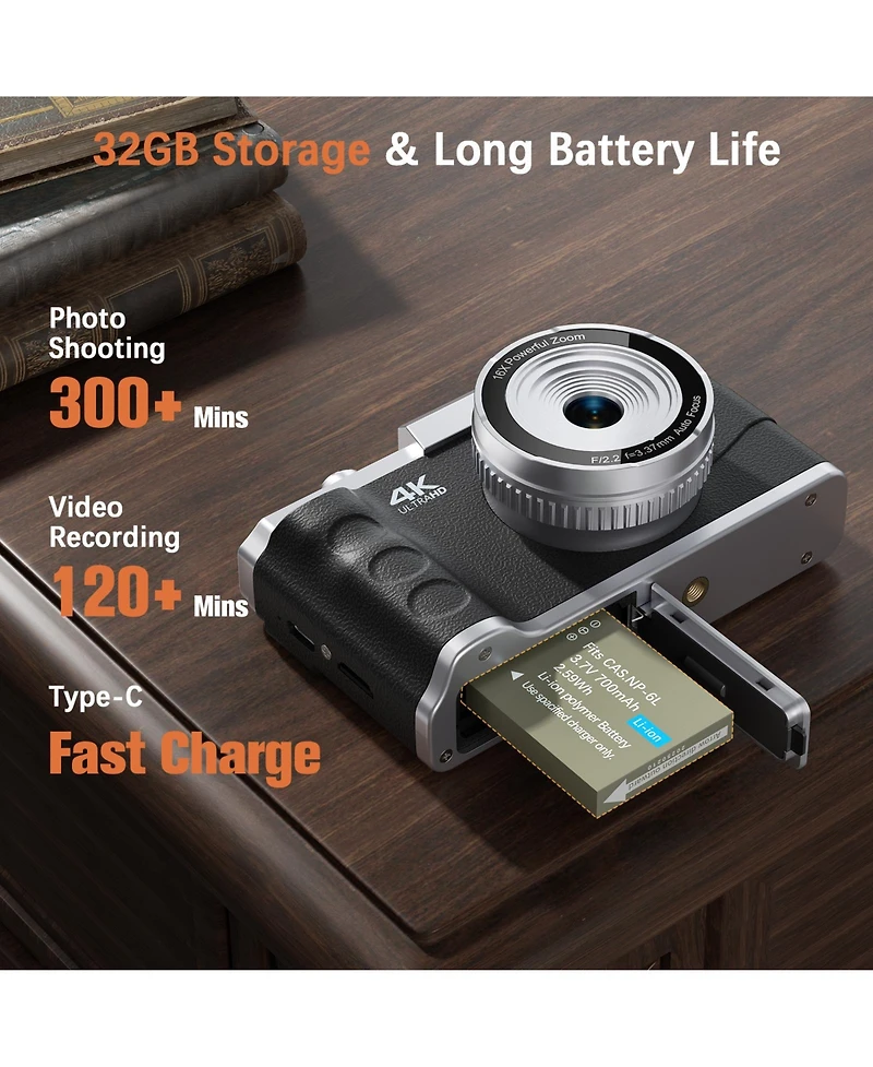 64MP Digital Camera with 4K Video, 16X Zoom, Flip Screen, Autofocus, Type-c Charging, and 32GB Card