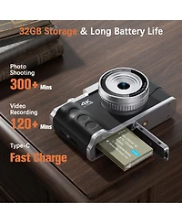 64MP Digital Camera with 4K Video, 16X Zoom, Flip Screen, Autofocus, Type-c Charging, and 32GB Card