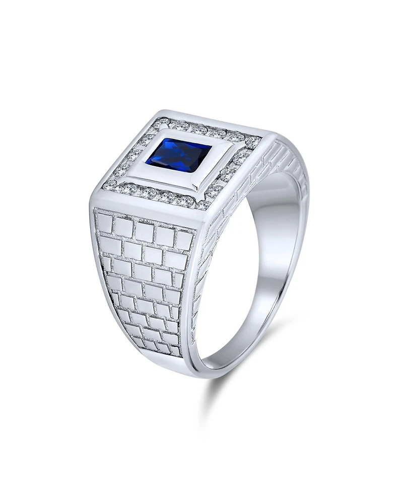 Bling Jewelry Blue Emerald Cut Cz Statement Ring – Brick Pattern Sterling Silver Band