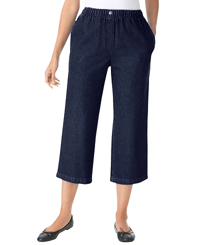 Woman Within Women's 7-Day Elastic-Waist Pull-On Cotton Denim Capri Jeans