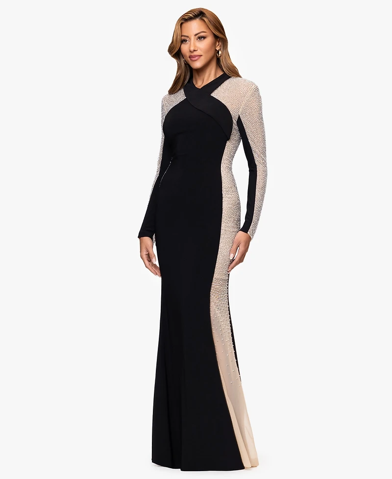 Xscape Women's V-Neck Long Sleeve Dress