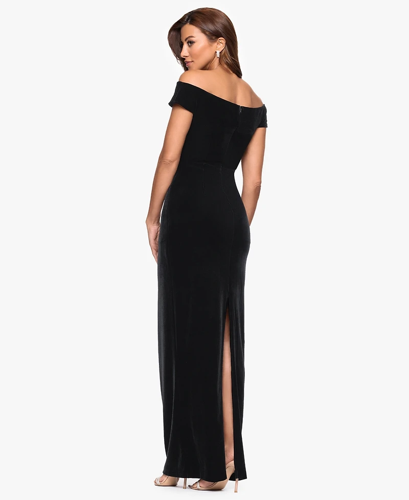 Xscape Women's Off The Shoulder Ruched Waist Long Dress