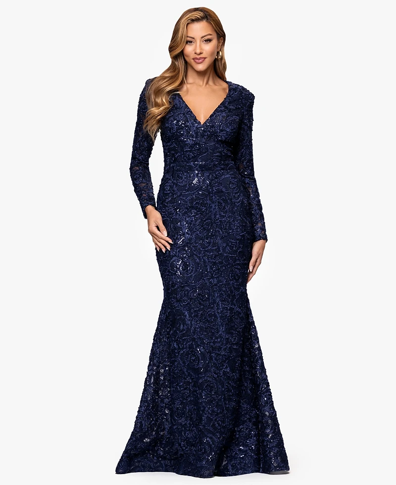 Xscape Women's V-Neck Long Sleeve Dress