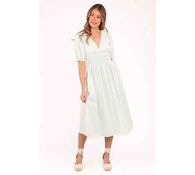 Petal and Pup Women's Ronnie Short Sleeve Midi Dress - Green Blue Stripe