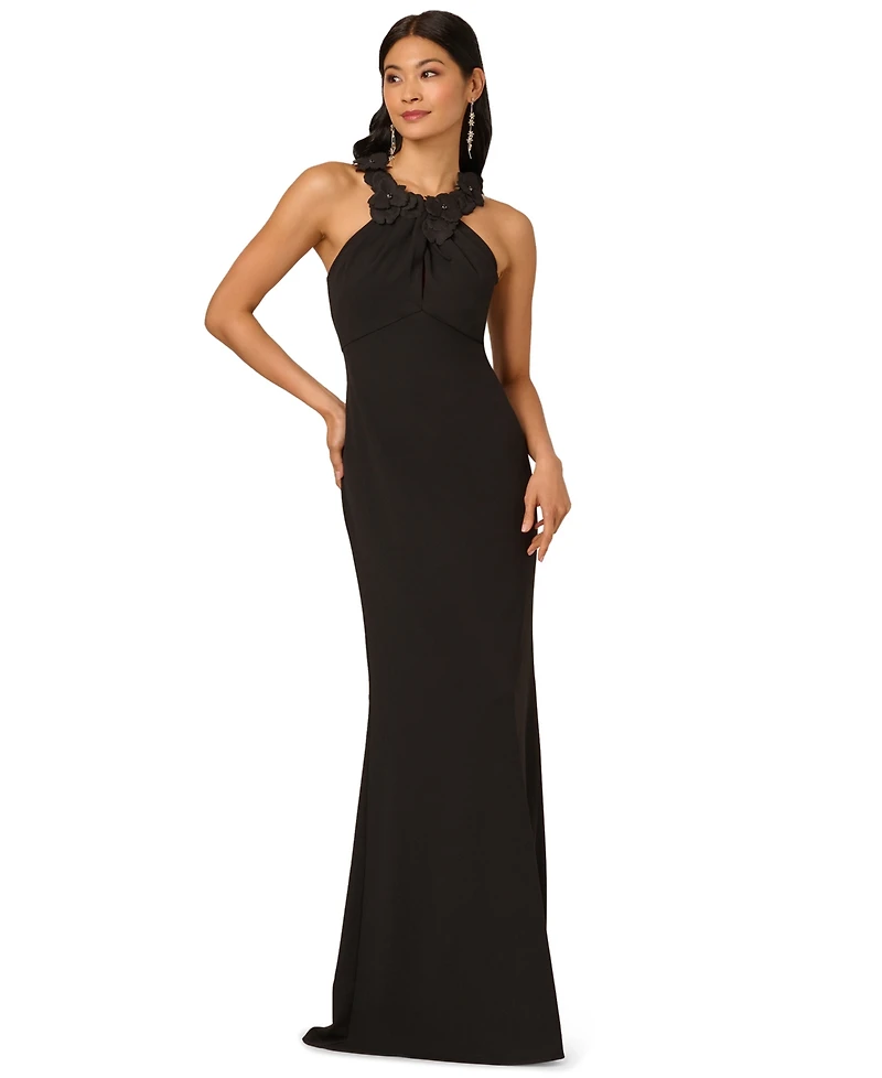 Adrianna Papell Petite Embellished Rosette Halter Gown